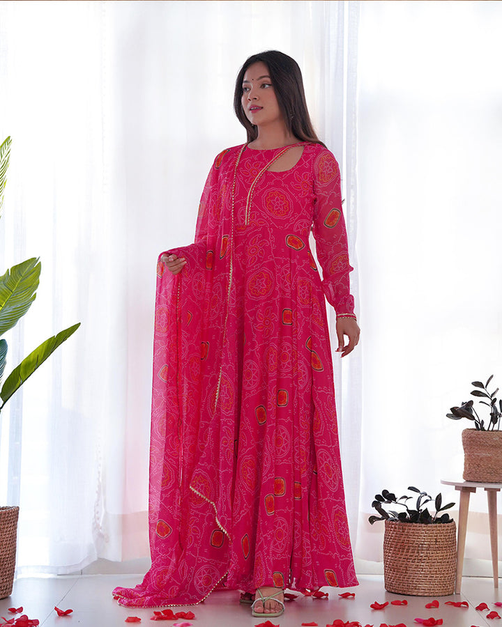 Pink Color Bandhej  Print Soft Chiffon Stylish Neck Three Piece Anarkali Gown