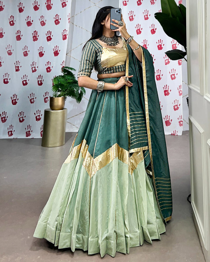 Pista Green Color Pure Chanderi Navratri Lehenga Choli