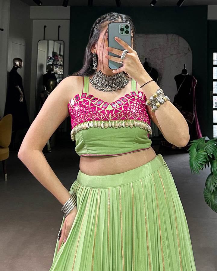 Designer Parrot Green & Magenta Mirror Work Lehenga Choli