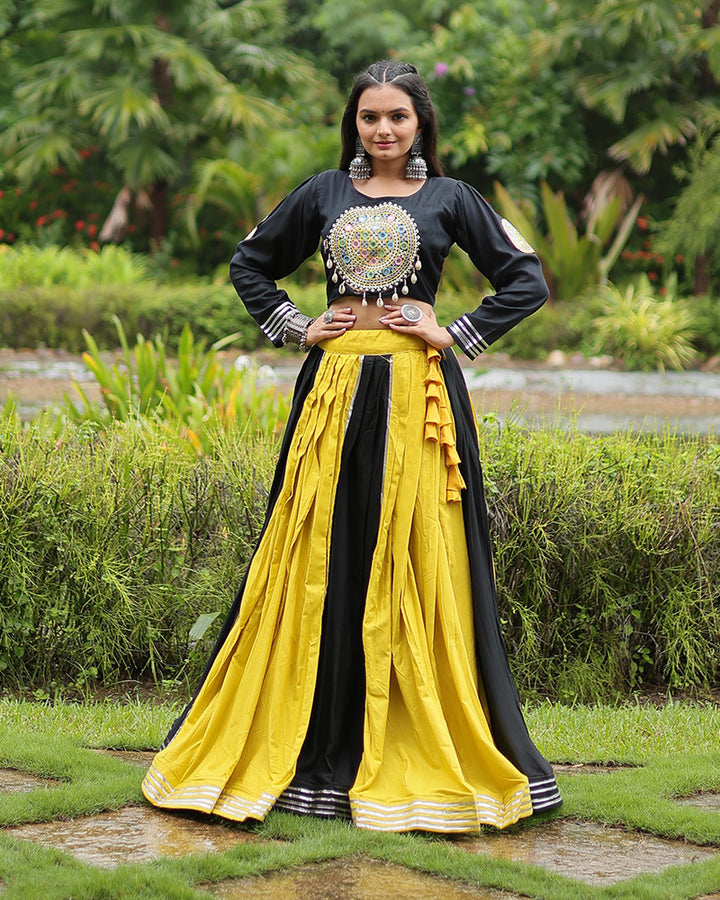 Yellow And Black Color Rayon And Cotton Navratri Lehenga Choli