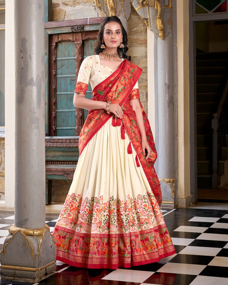 Off White Color Tussar Silk Printed With Foil Work Lehenga Choli