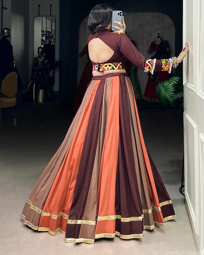 Multi Brown Color Pure Rayon Navratri Lehenga Choli