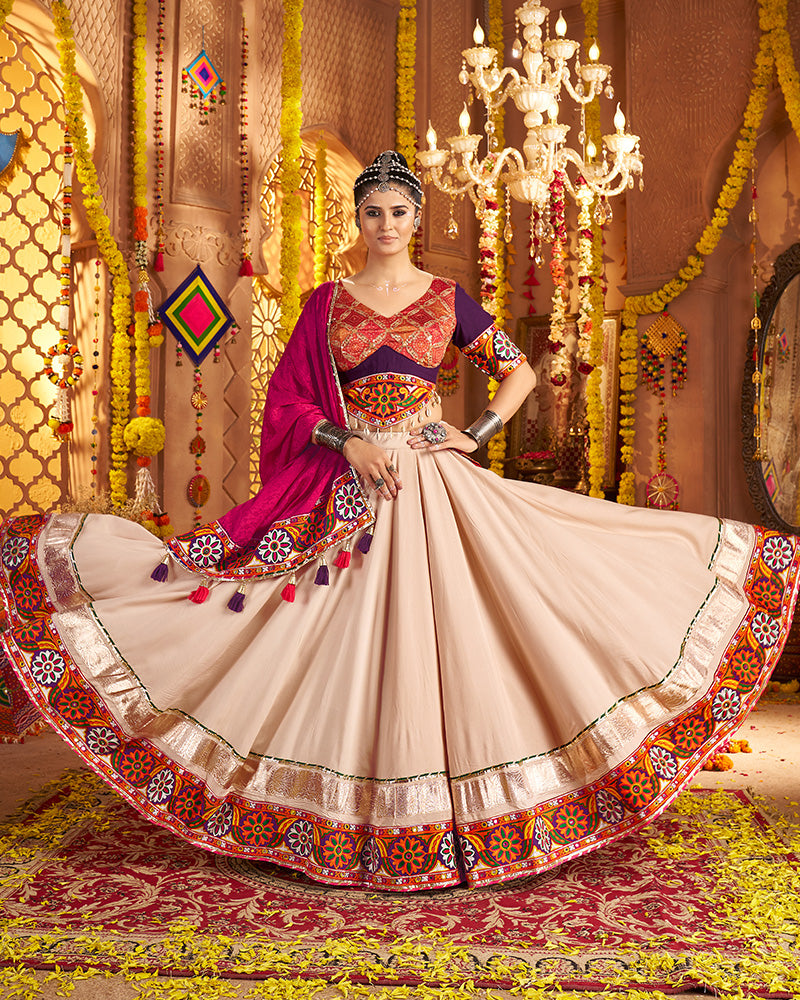 Beige and Maroon Navratri Lehenga Choli With Stunning Embroidery