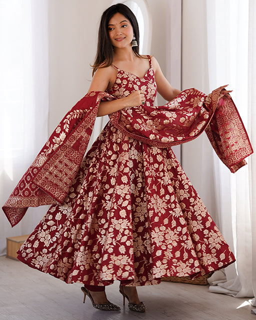 maroon Color Jacquard Dola Silk Anarkali Suit