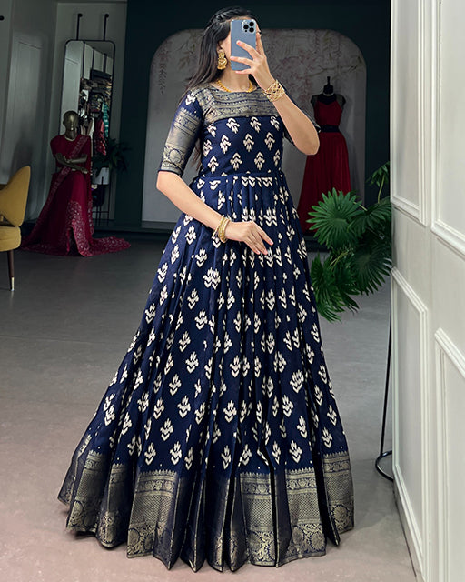 Navy Blue Color Kota Chex Zari Weaving Work Gown