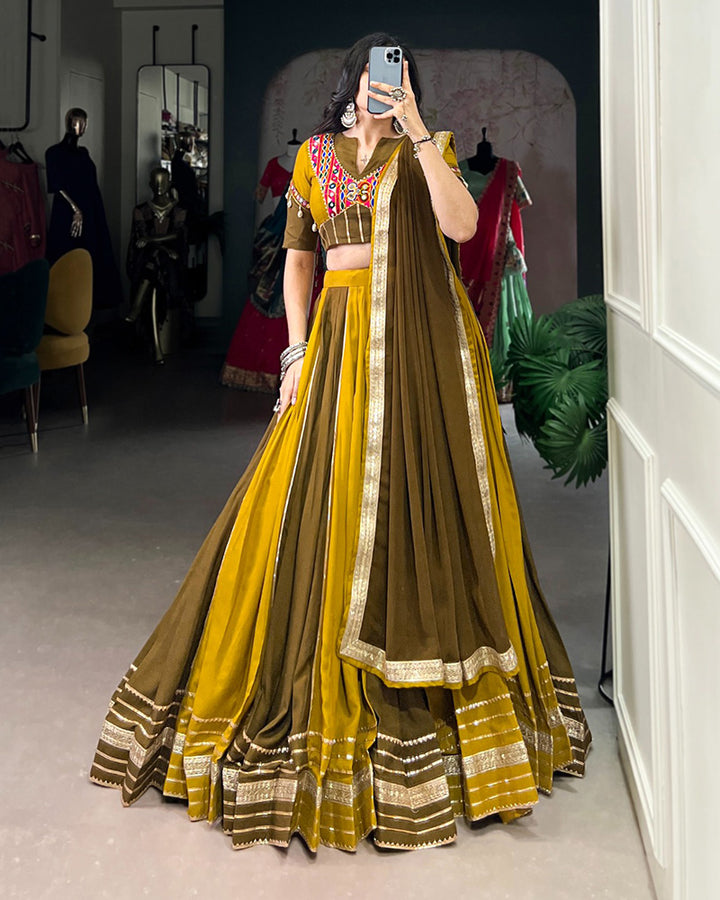 Mustard And Mehndi Color Rayon Navratri Lehenga Choli