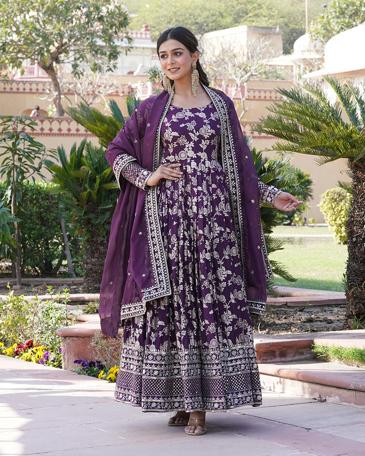 Designer Wine Color Sequence embroidered Viscose Jacquard Gown With Dupatta