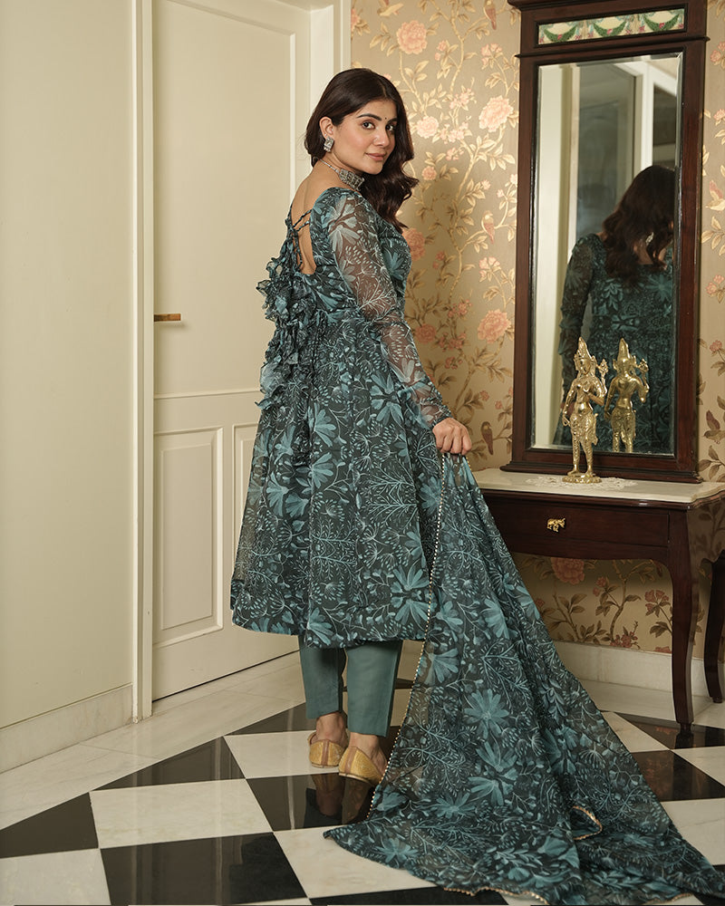 Bottle Green Color Printed Tebby Organza Three Piece Anarkali Suit