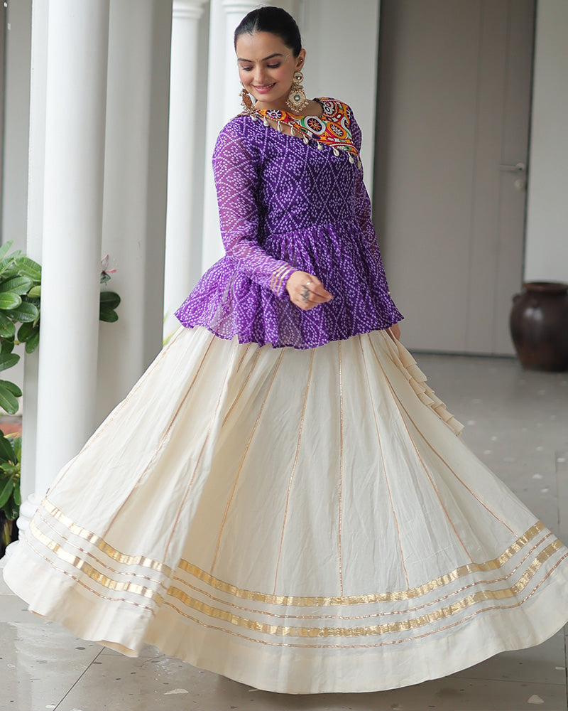 Purple Bandhani Style Peplum Choli With Kora Cotton Lehenga