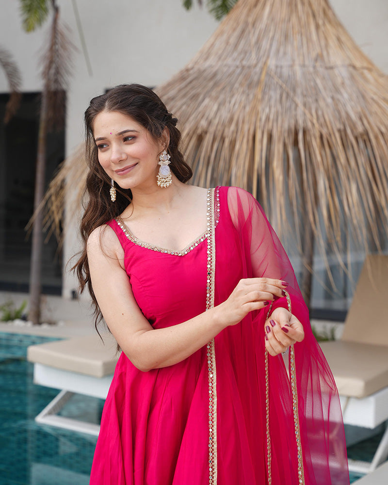 Rani Pink Color Chanderi Pure Roman Silk Anarkali Suit