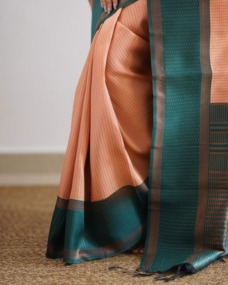 Green And Peach Color Soft Banarasi Silk Saree