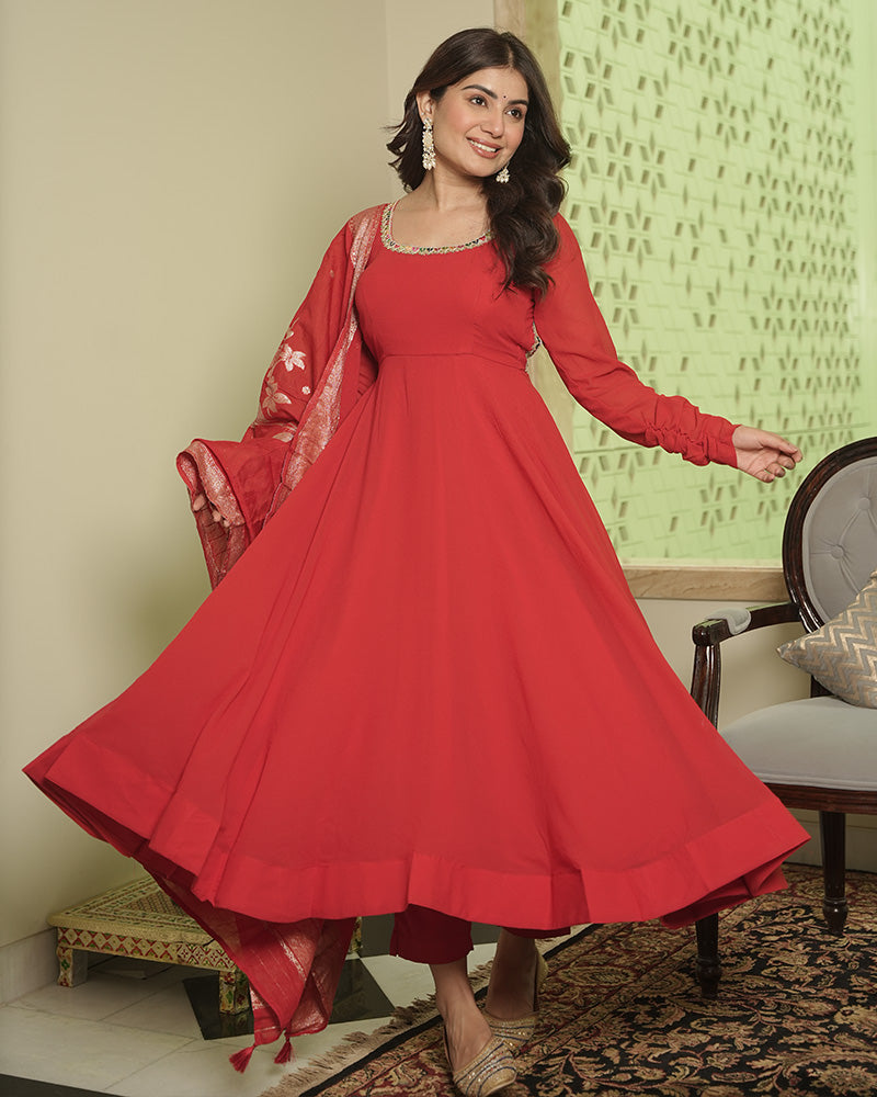 strapless open back dress Red Color Georgette Anarkali With Dyable Jacquard Dupatta – TANHAI