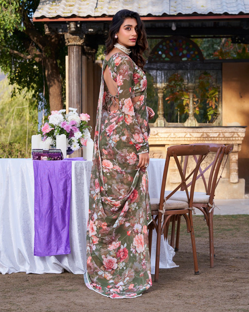 Mehndi Color Weightless Marble Saree