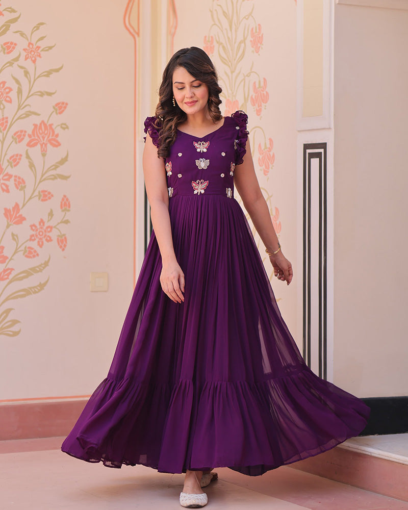 Wine Color Faux Blooming Embroidered work Gown