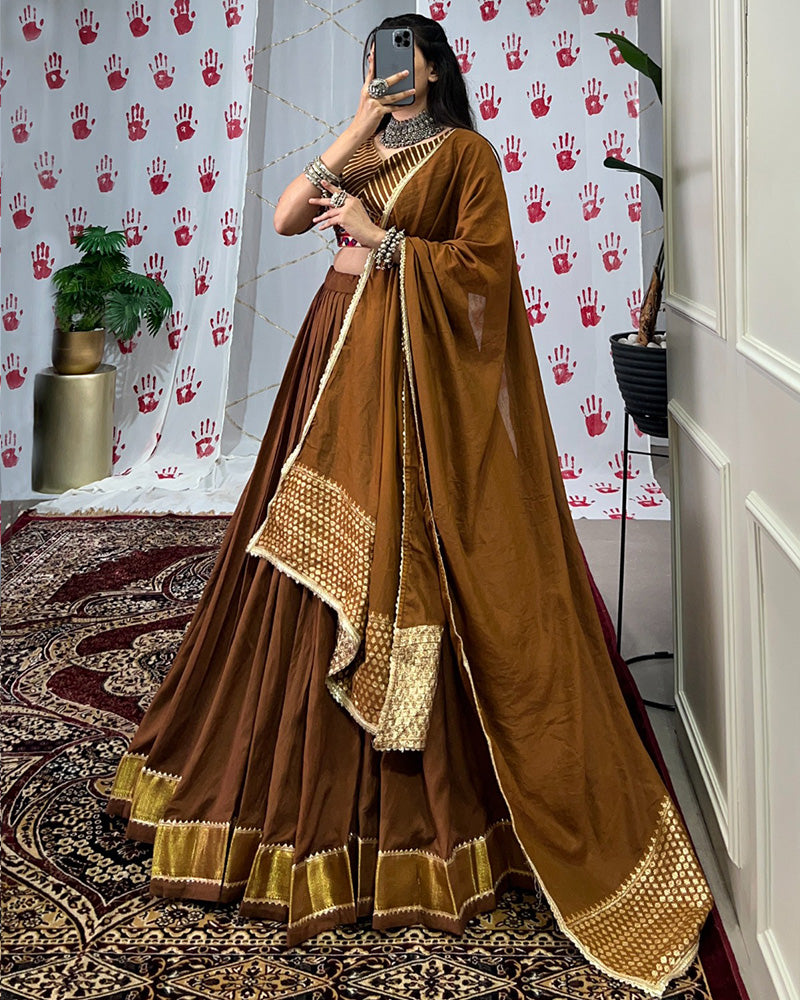 Brown Color Pure Chanderi Navratri Lehenga Choli