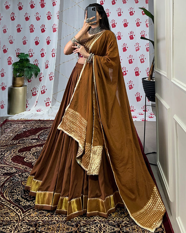 Brown Color Pure Chanderi Navratri Lehenga Choli