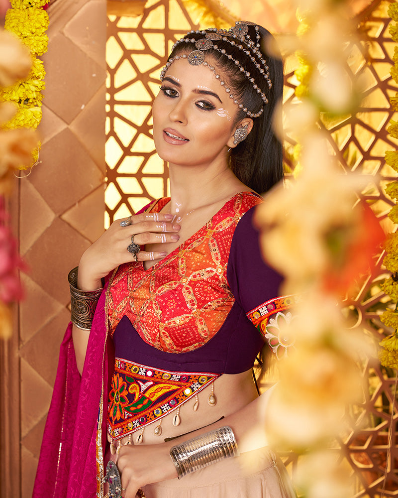 Beige and Maroon Navratri Lehenga Choli With Stunning Embroidery