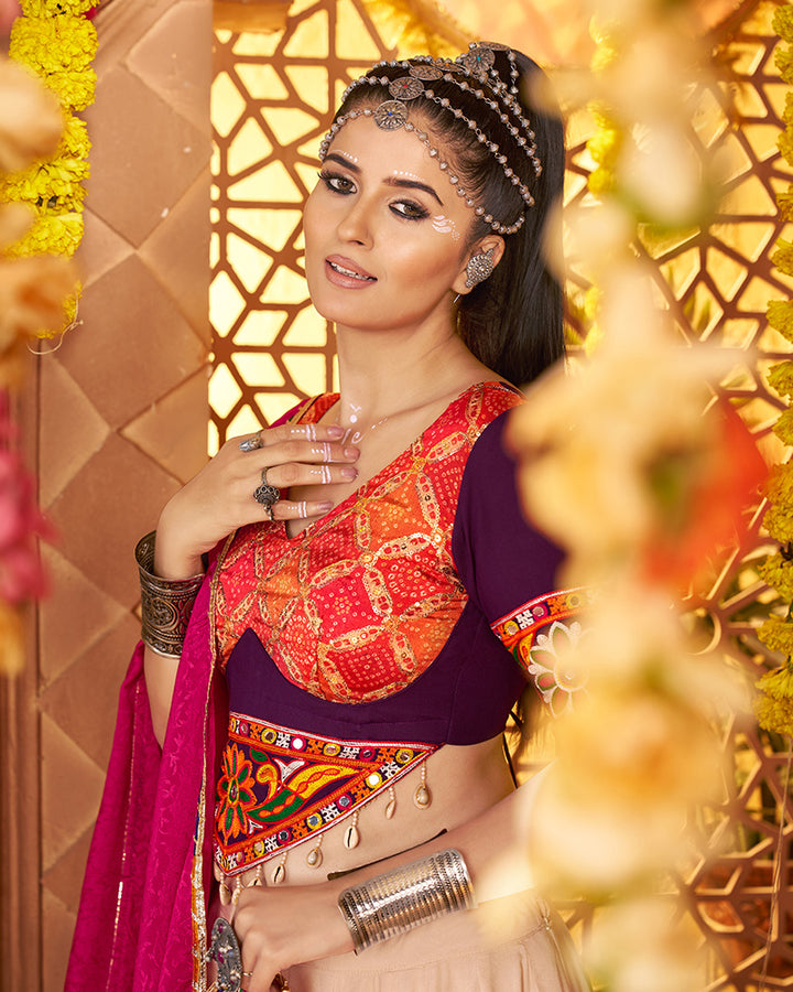 Beige and Maroon Navratri Lehenga Choli With Stunning Embroidery