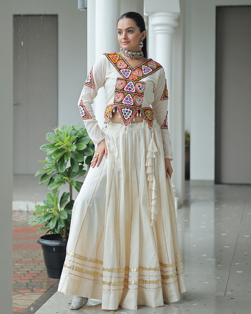 Elegant Off-White Kora Cotton Mirror Work Navratri Lehenga Choli