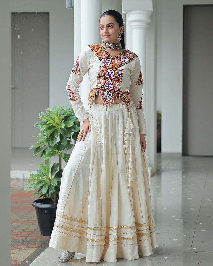 Elegant Off-White Kora Cotton Mirror Work Navratri Lehenga Choli