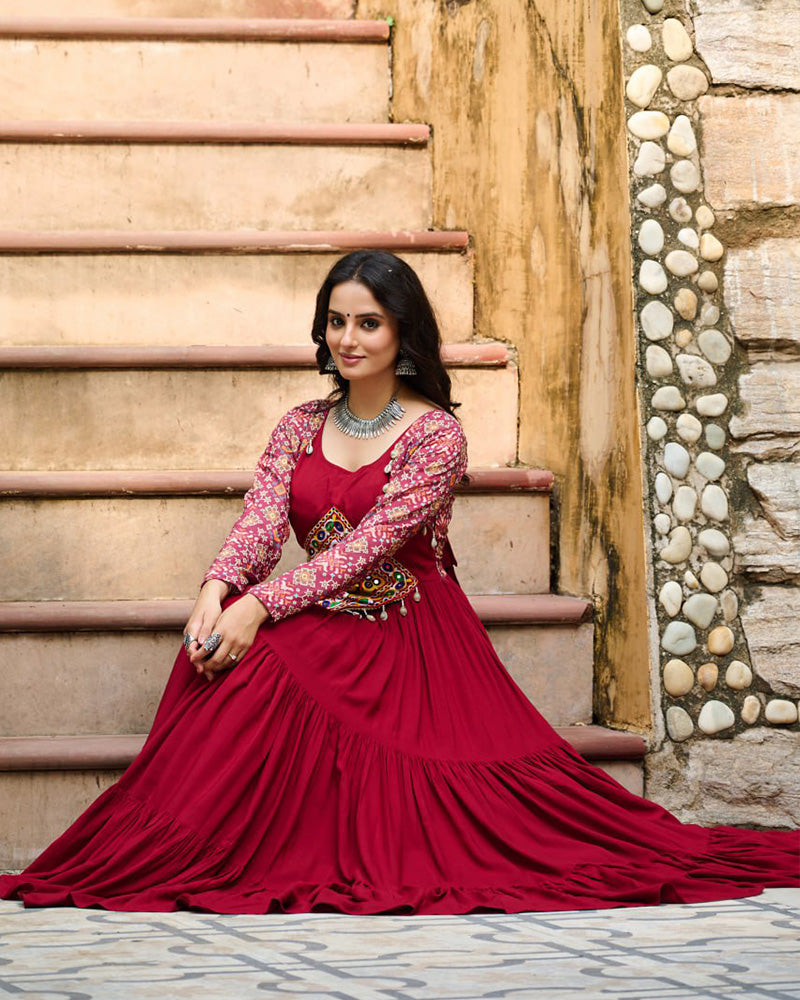 Classic Maroon Mirror Embroidered Rayon Gown For Navratri