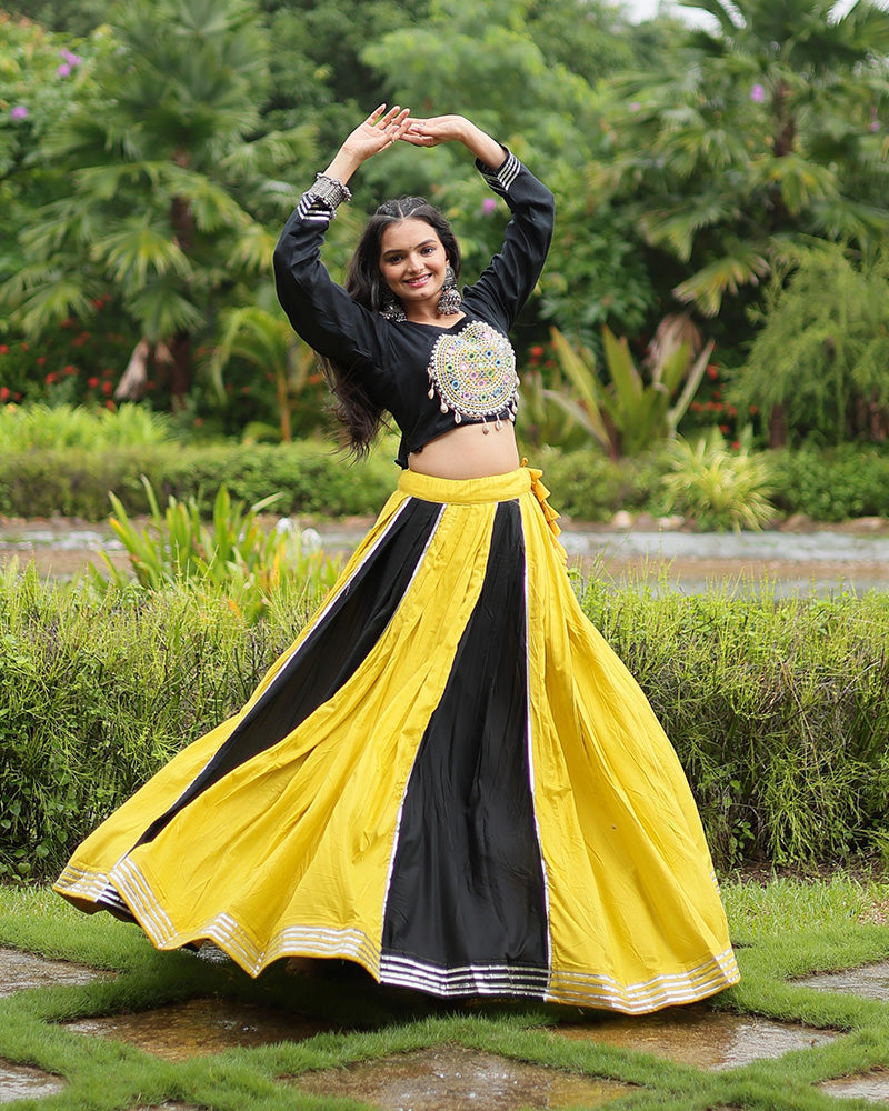 Yellow And Black Color Rayon And Cotton Navratri Lehenga Choli