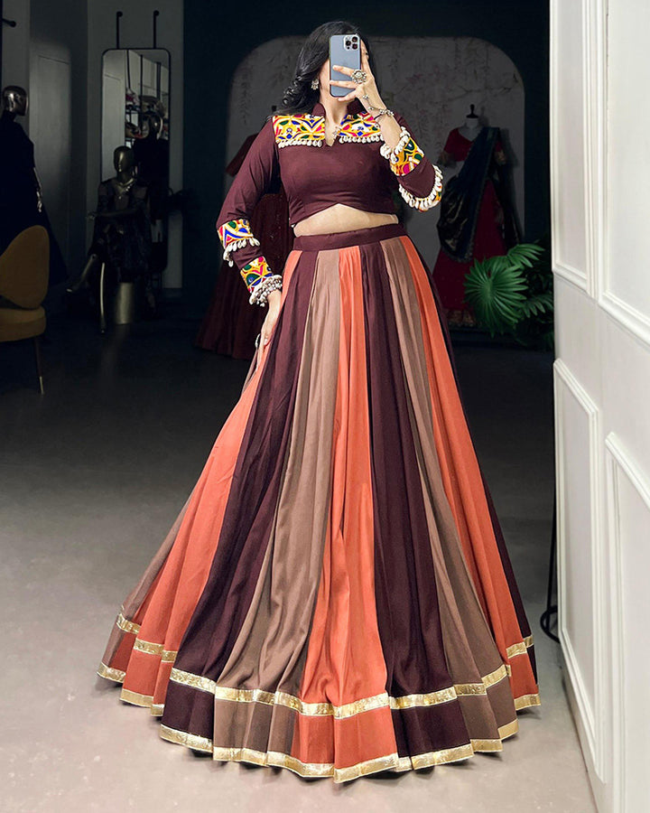 Multi Brown Color Pure Rayon Navratri Lehenga Choli