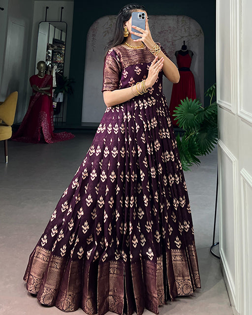 Wine Color Kota Chex Zari Weaving Work Gown