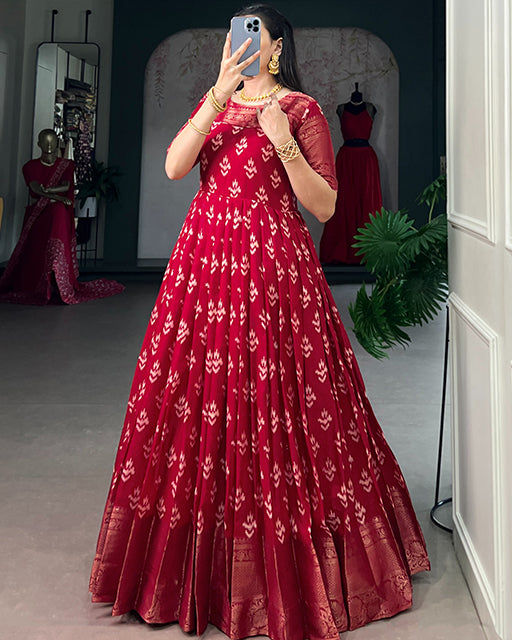 Red Color Kota Chex Zari Weaving Work Gown