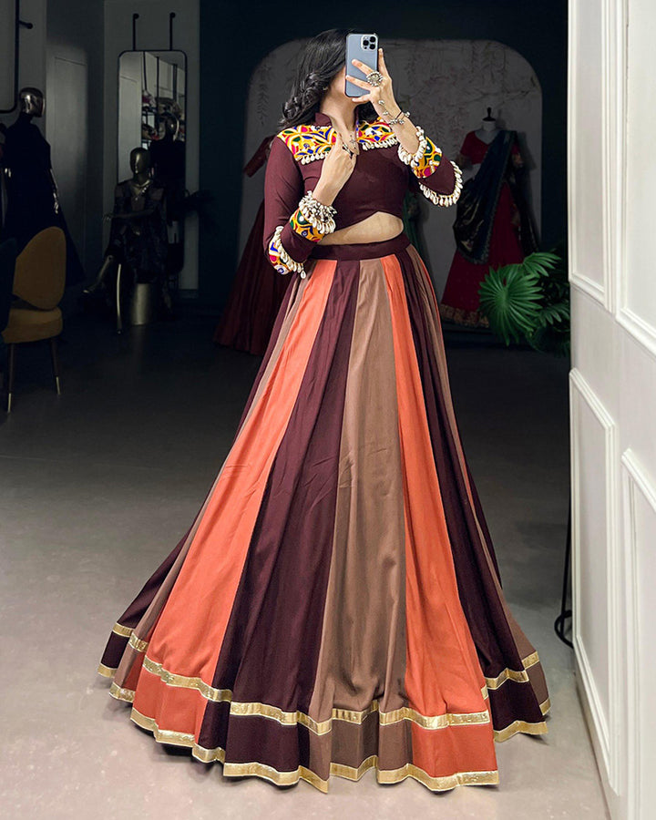 Multi Brown Color Pure Rayon Navratri Lehenga Choli