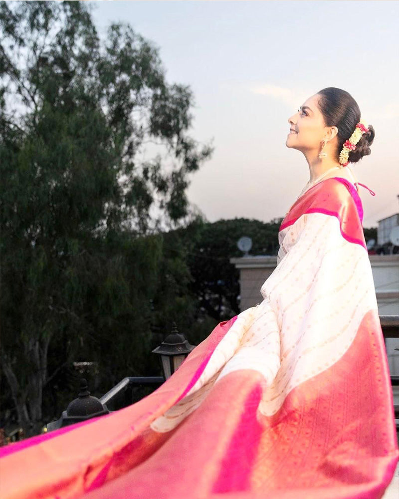 Pink And white Banarasi Soft Silk Saree