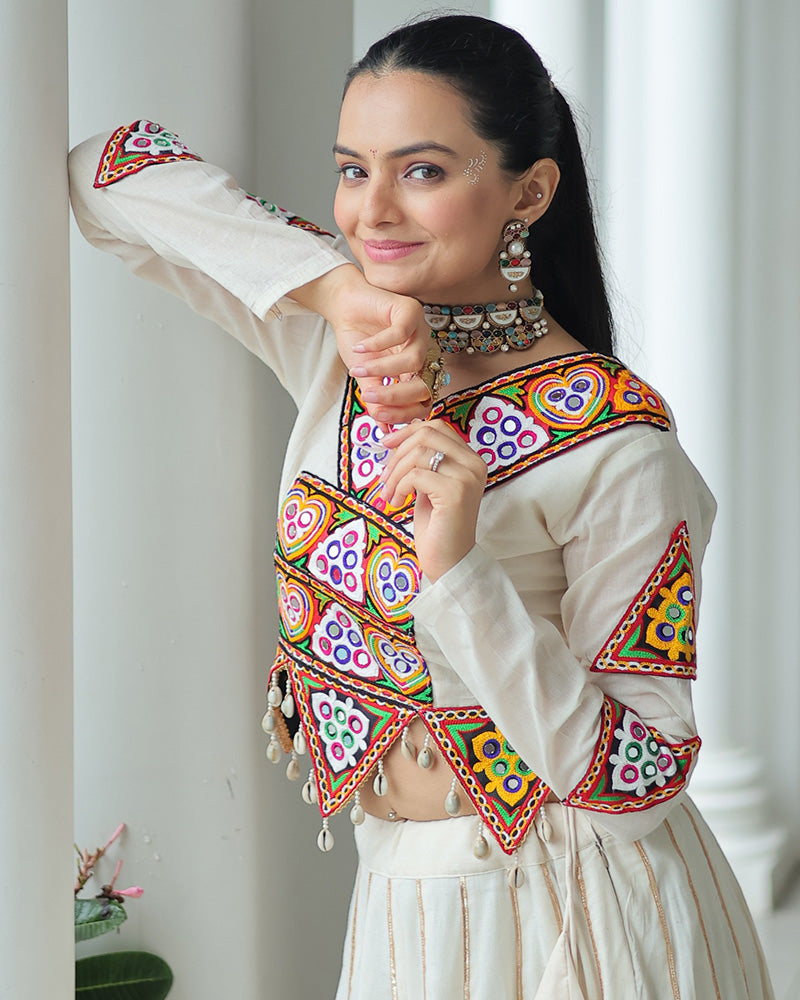 Elegant Off-White Kora Cotton Mirror Work Navratri Lehenga Choli