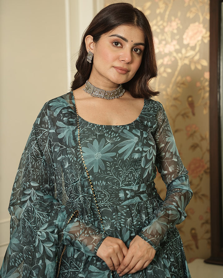 Bottle Green Color Printed Tebby Organza Three Piece Anarkali Suit