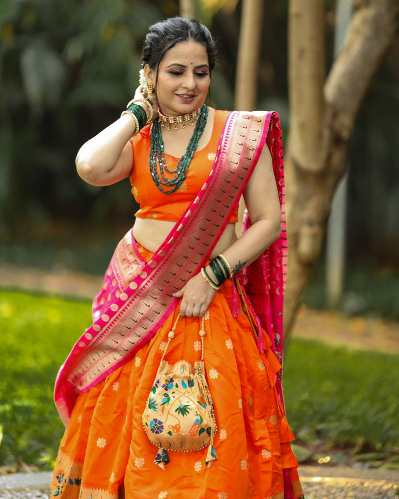 Designer Orange Color Jacquard Paithani silk Half Saree