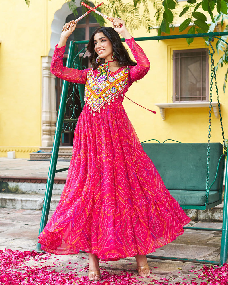Festive Pink Ethnic Gown With Colorful Mirror Work