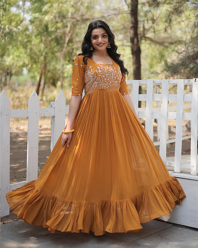 yellow and brown dress SAME Ruched Flounce Mini | Chocolate It is our genuine hope that your child feels special and adored while also staying safe Mustard Orange Color Dress Anarkali