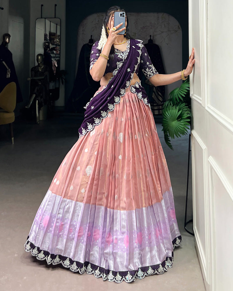 Peach Color Zari Kota Embroidered Half Saree