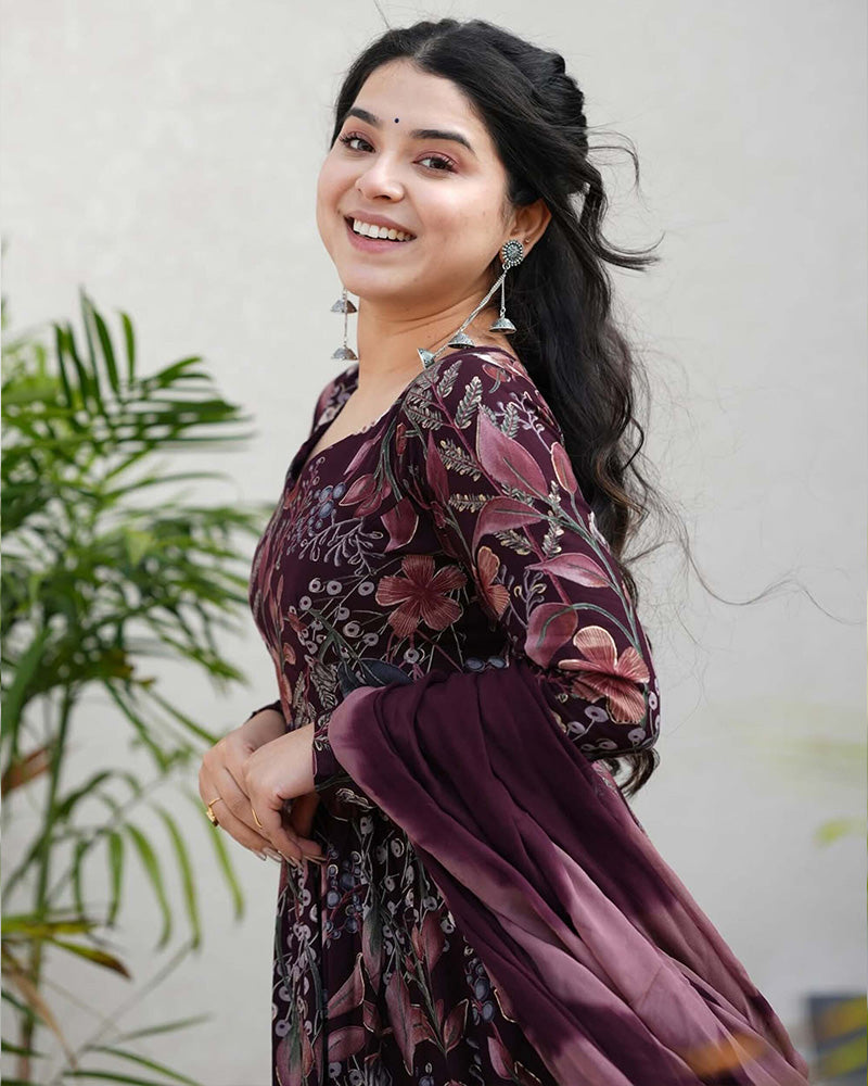 Wine Color Rayon Floral Print Three Piece Anarkali Suit