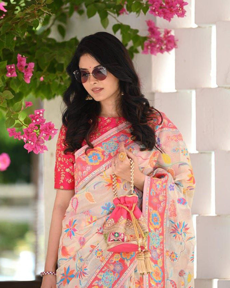 Cream Colour Banarsi Soft Silk Saree