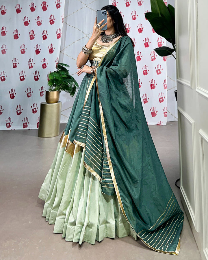 Pista Green Color Pure Chanderi Navratri Lehenga Choli