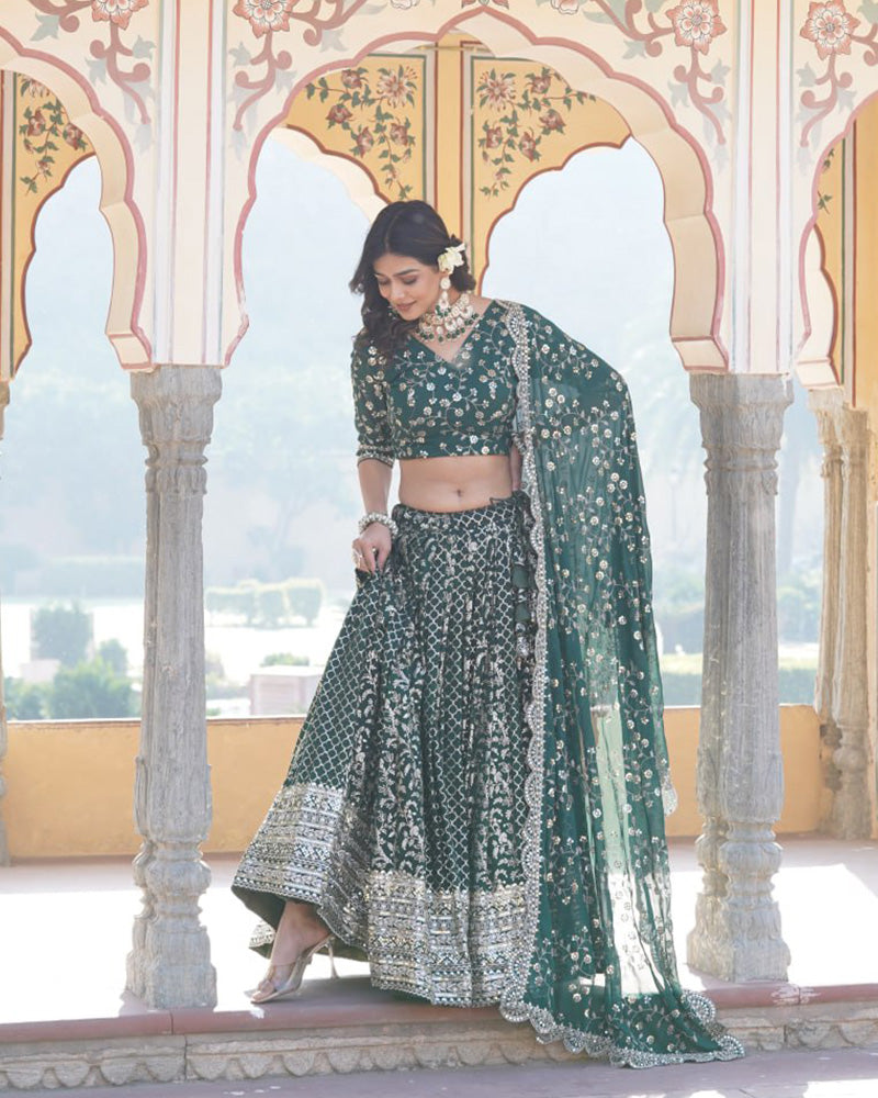 New Design Green Color Sequence Embroidered Jacquard Lehenga Choli