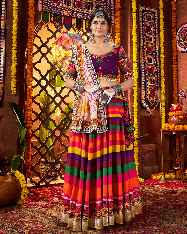 Vibrant Striped Maslin Cotton Rainbow Navratri Chaniya Choli