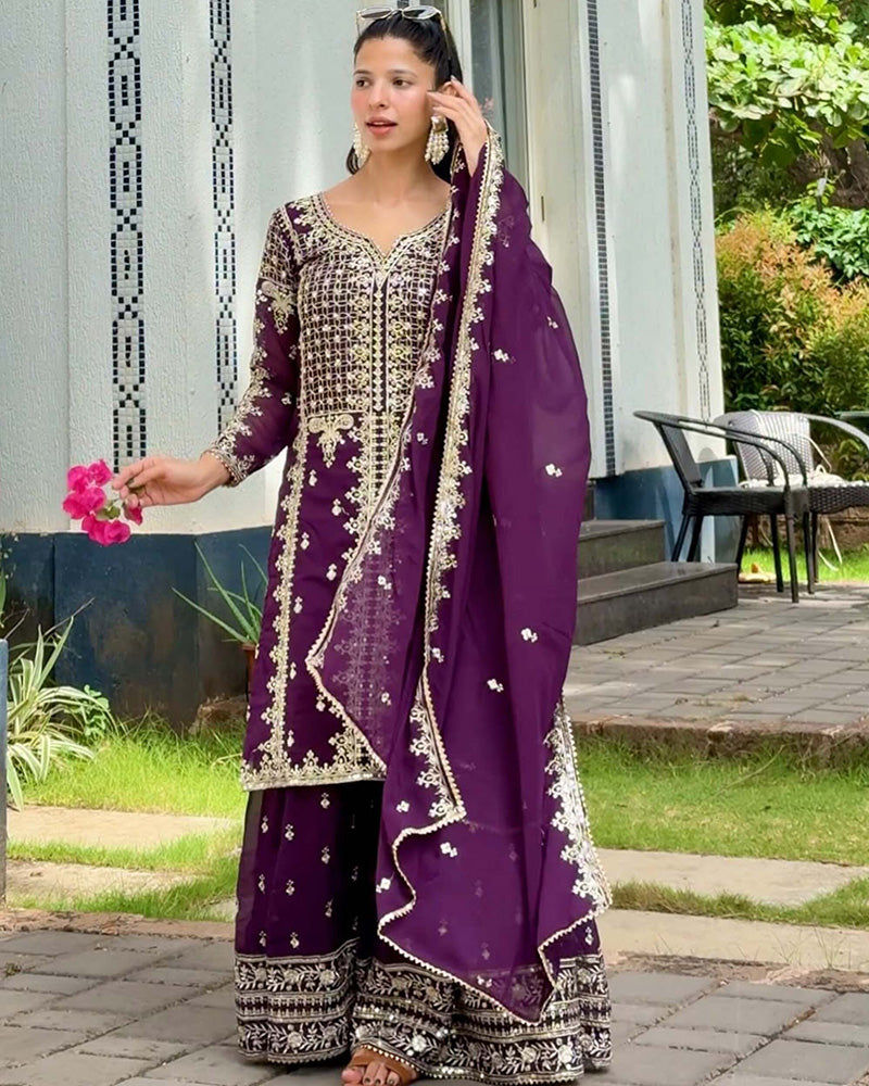 Wine Color Faux Georgette Embroidered Sharara Suit