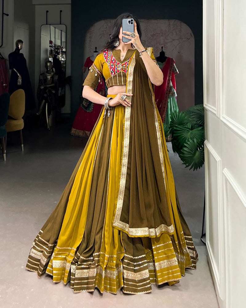 Mustard And Mehndi Color Rayon Navratri Lehenga Choli