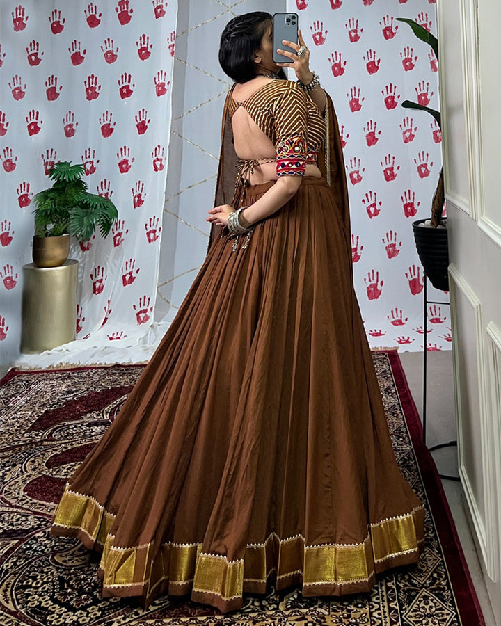 Brown Color Pure Chanderi Navratri Lehenga Choli