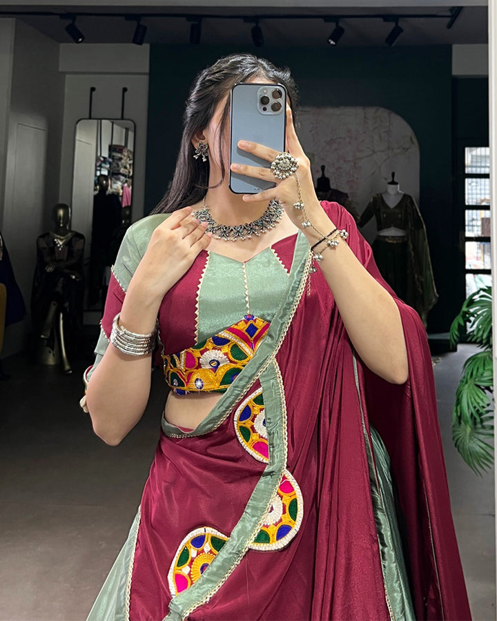 Graceful Green And Maroon Silk Crape Lehenga Choli With Elegant Dupatta