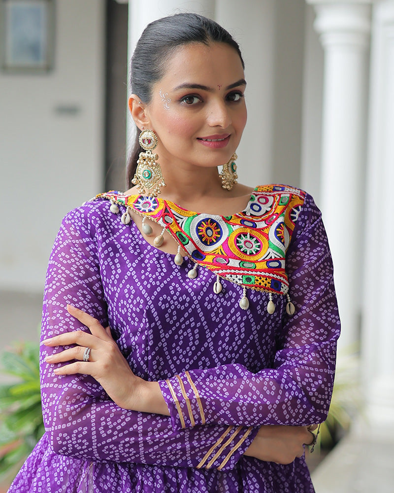 Purple Bandhani Style Peplum Choli With Kora Cotton Lehenga