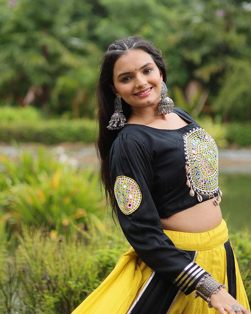 Yellow And Black Color Rayon And Cotton Navratri Lehenga Choli