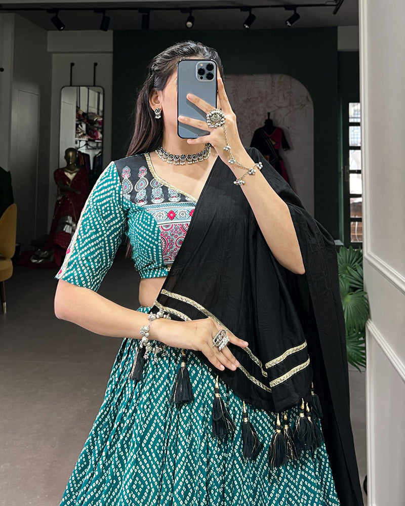 Bottle Green Color Rayon Bandhej Print Navratri Lehenga Choli