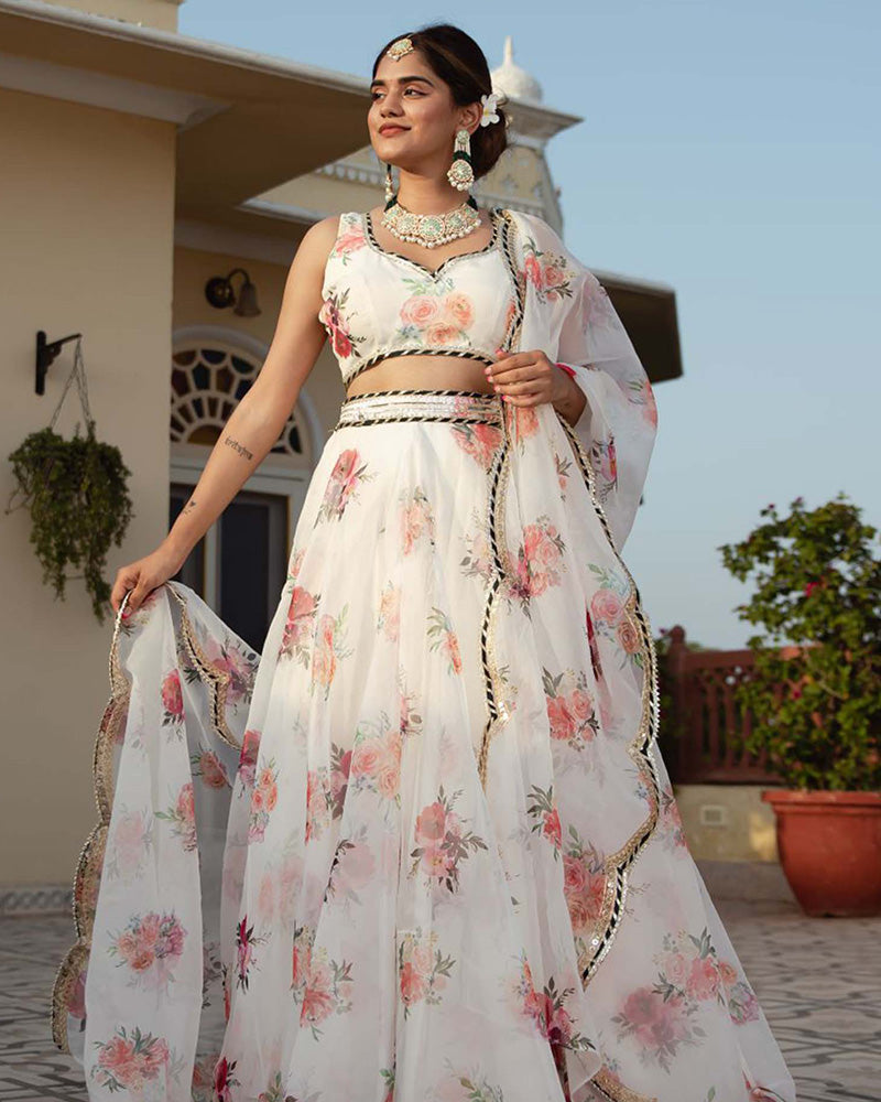 White Color Floral Print Soft Organza Lehenga Choli